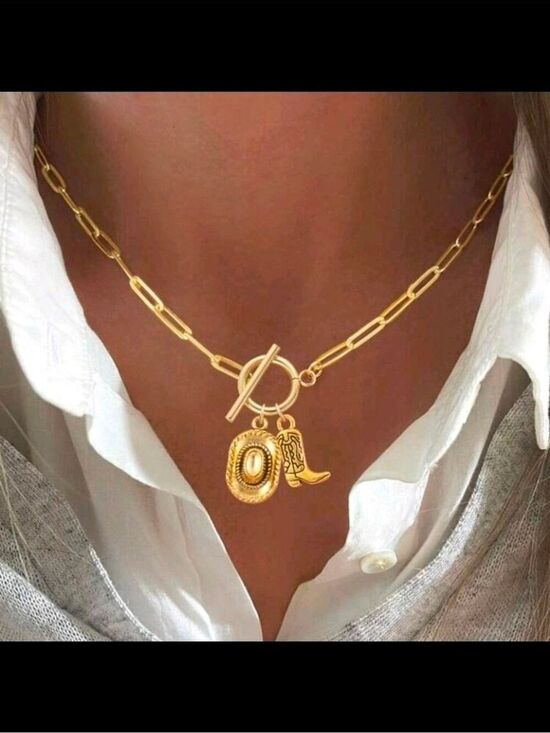 Jewelry - Gold Cowboy Hat & Boot Charm Paperclip Necklace - Women's Gold Necklace